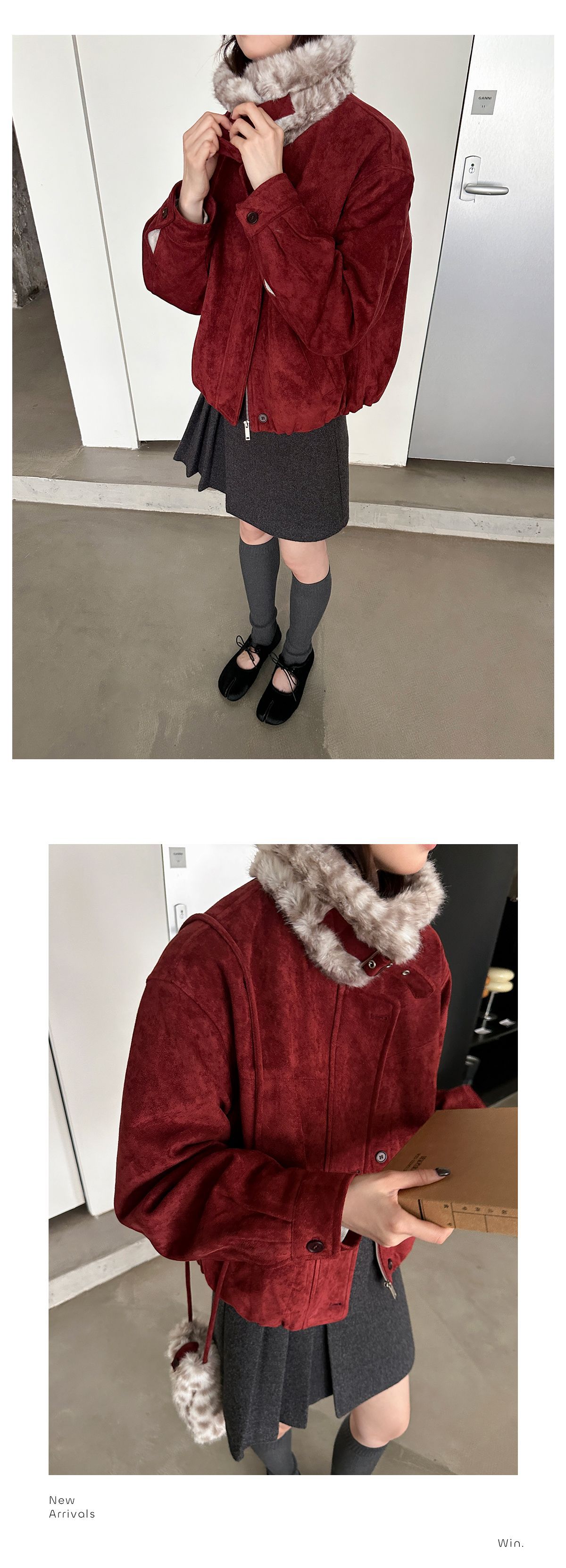 高级感麂皮拉链短款外套女冬季新款豹纹毛毛领宽松百搭保暖大衣详情18