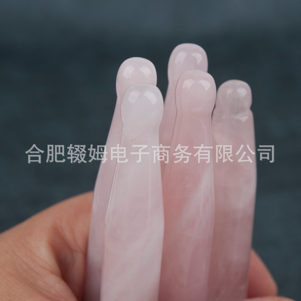 批发外贸天然粉晶玉石按摩器脸部面部刮板质感温润手工打磨穴位笔详情25