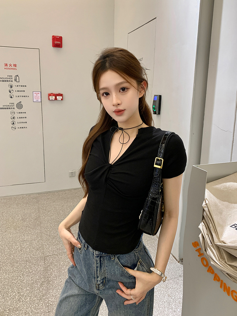 雅姿欣设计感白色短袖T恤两穿修身辣妹百搭显瘦内搭上衣女一字肩详情20