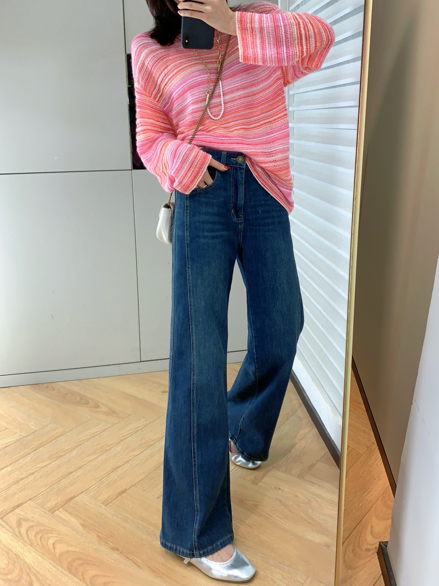 复古时髦高腰斜裁宽松显瘦百搭弹力直筒宽松微喇叭牛仔裤G031612详情2