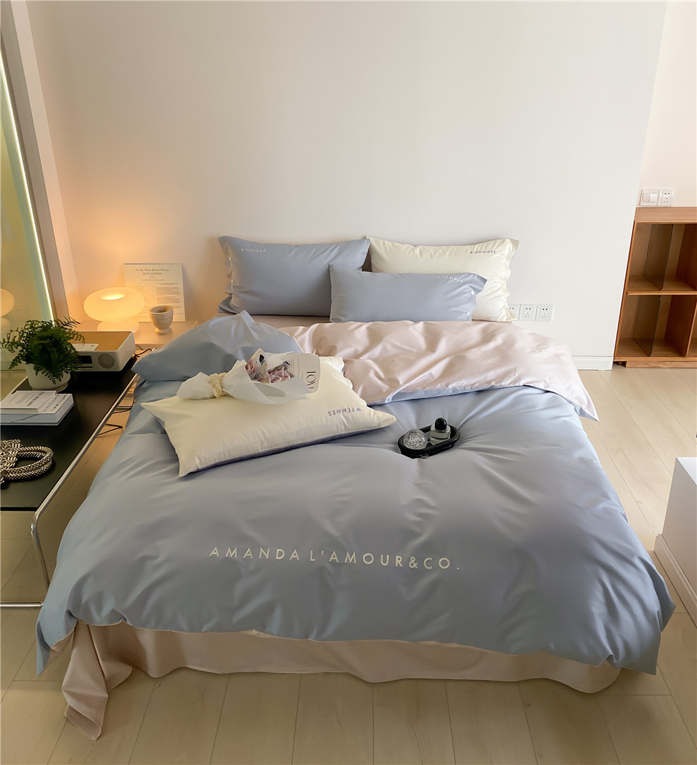 Simple, light luxury and fashionable solid-color long-staple cotton four-piece set, pure cotton letter-embroidered duvet cover, double bedding pic 15