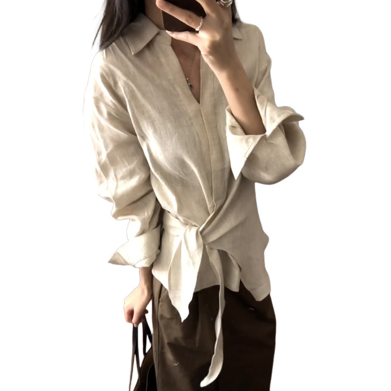 2025超火不规则极简亚麻长袖衬衫衬衣女设计感独特漂亮掐腰上