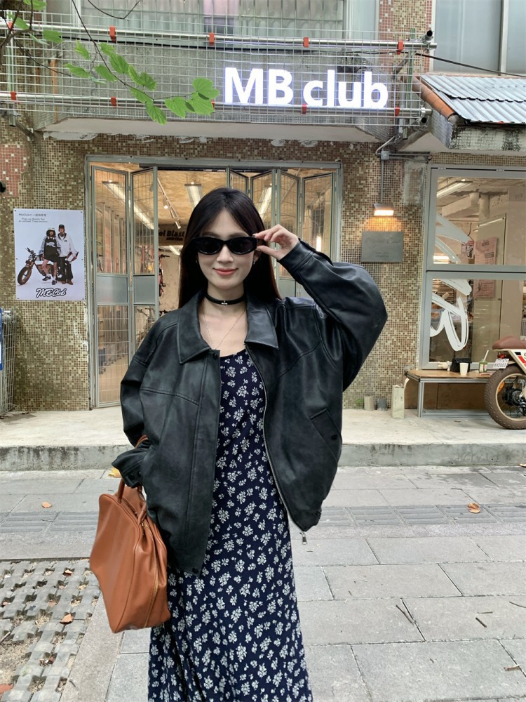 重工做旧复古复古PU皮翻领外套女早秋新款宽松百搭气质夹克上衣详情1