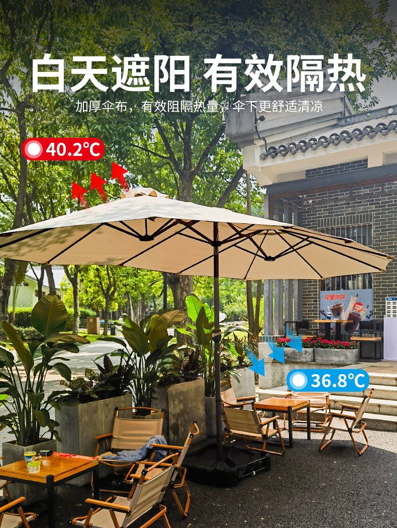 户外庭院休闲棚室外花园露营伞三头太阳伞遮阳伞中柱伞沙滩蓬批发详情9