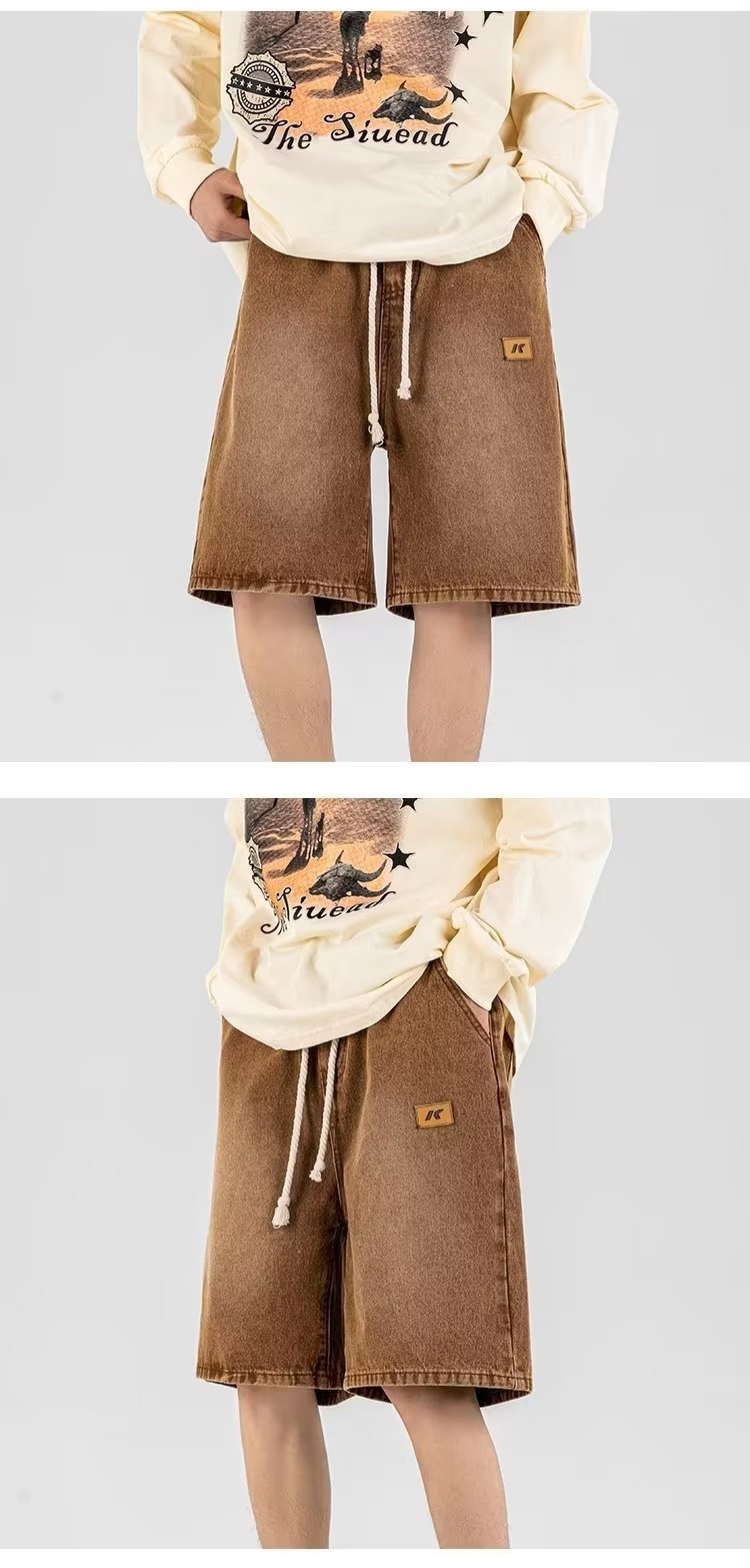 FUIV 夏季港风大码贴标牛仔裤短裤嘻哈ins潮男外贸宽松情侣五分裤 pic 7