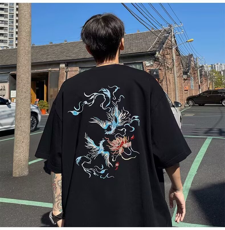 国潮中国风衣服白色纯棉短袖t恤男宽松大码凤凰潮牌重磅半袖夏季详情9