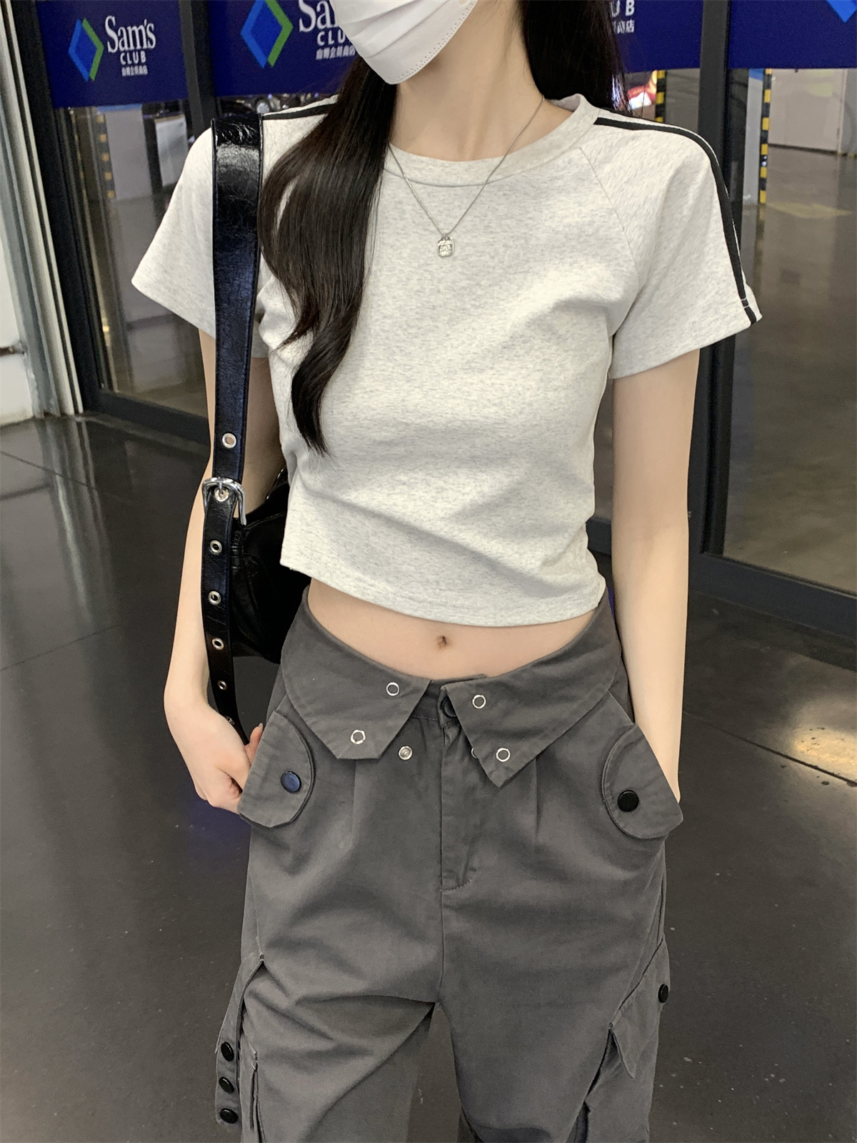 美式2024夏季新款韩版圆领修身插肩杠条显瘦百搭短袖T恤女装上衣详情22