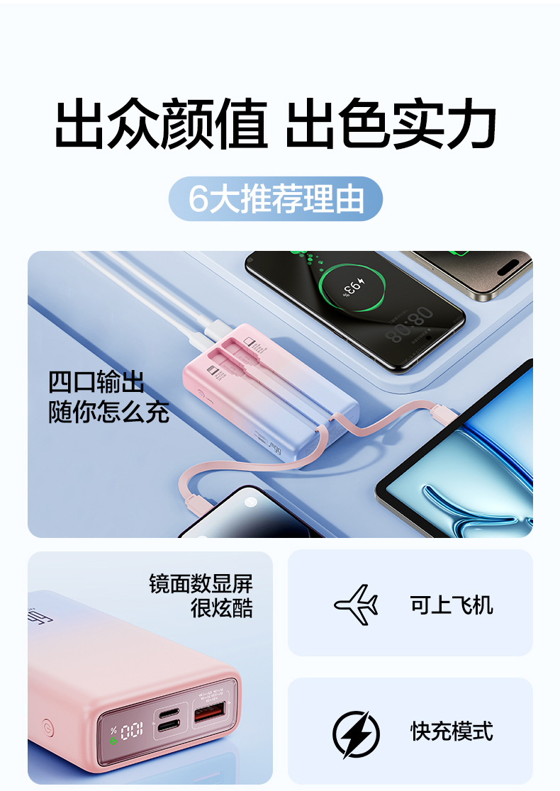 120W超级快充充电宝自带线20000毫安大容量移动电源礼品批发LOGO详情4