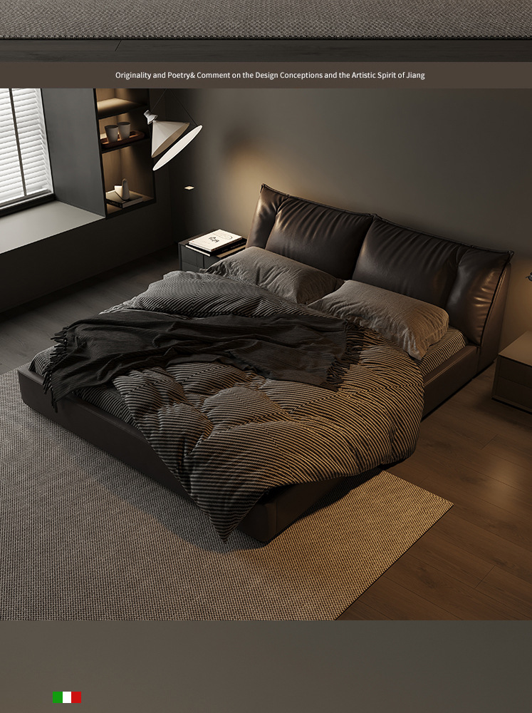 意式极简真皮床头层牛皮榻榻米床主卧羽绒软包床2*2米大床双人床详情9