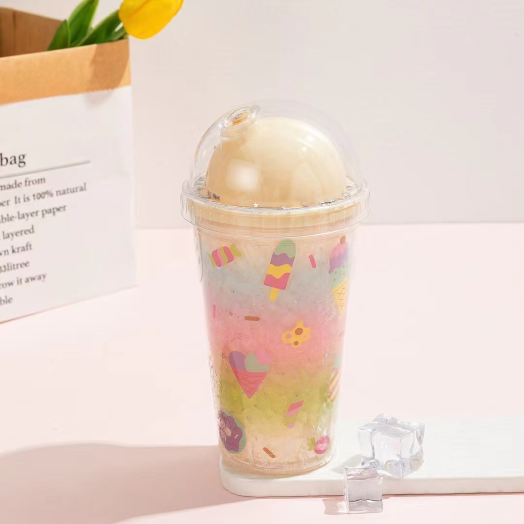 跨境爆款双层吸管杯冰淇淋便携卡通塑料杯少女心夏日碎冰杯详情5