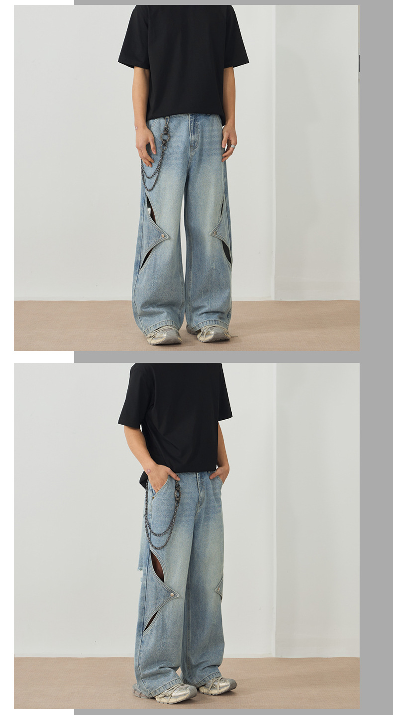 LKTM男装#春夏新款镂空破洞牛仔裤男女设计感宽松阔腿直筒长裤子详情11