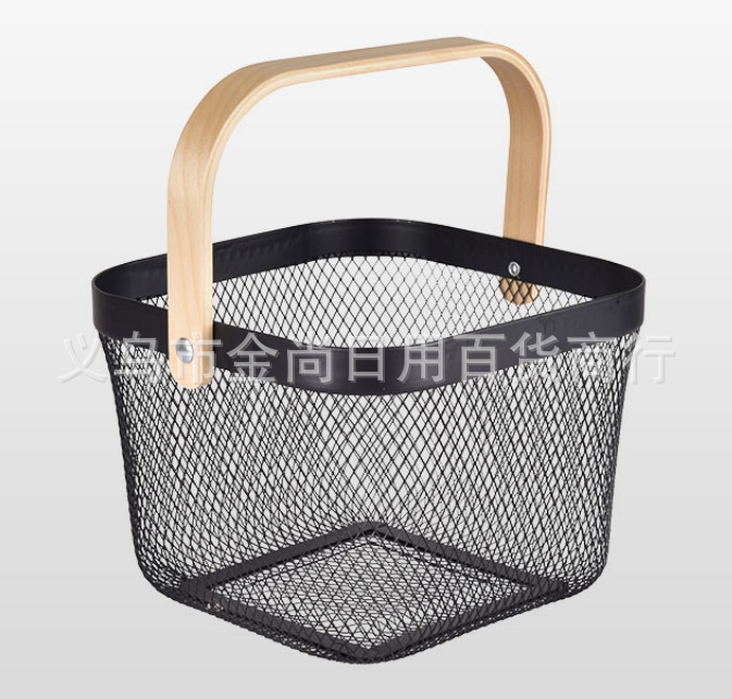 家用铁艺镂空收纳篮木柄手提篮手提果蔬篮浴室厨房多功能收纳篮详情2
