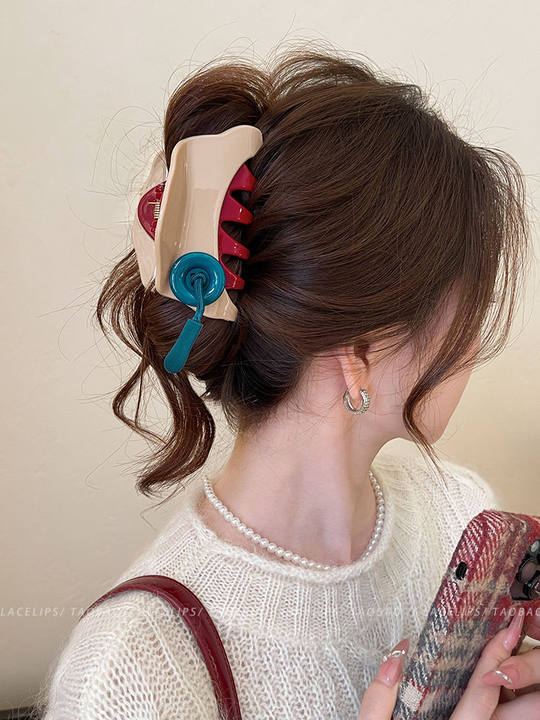 安可拉红纽扣抓夹女2025新款盘发鲨鱼夹高级感后脑勺发夹头饰发卡详情8