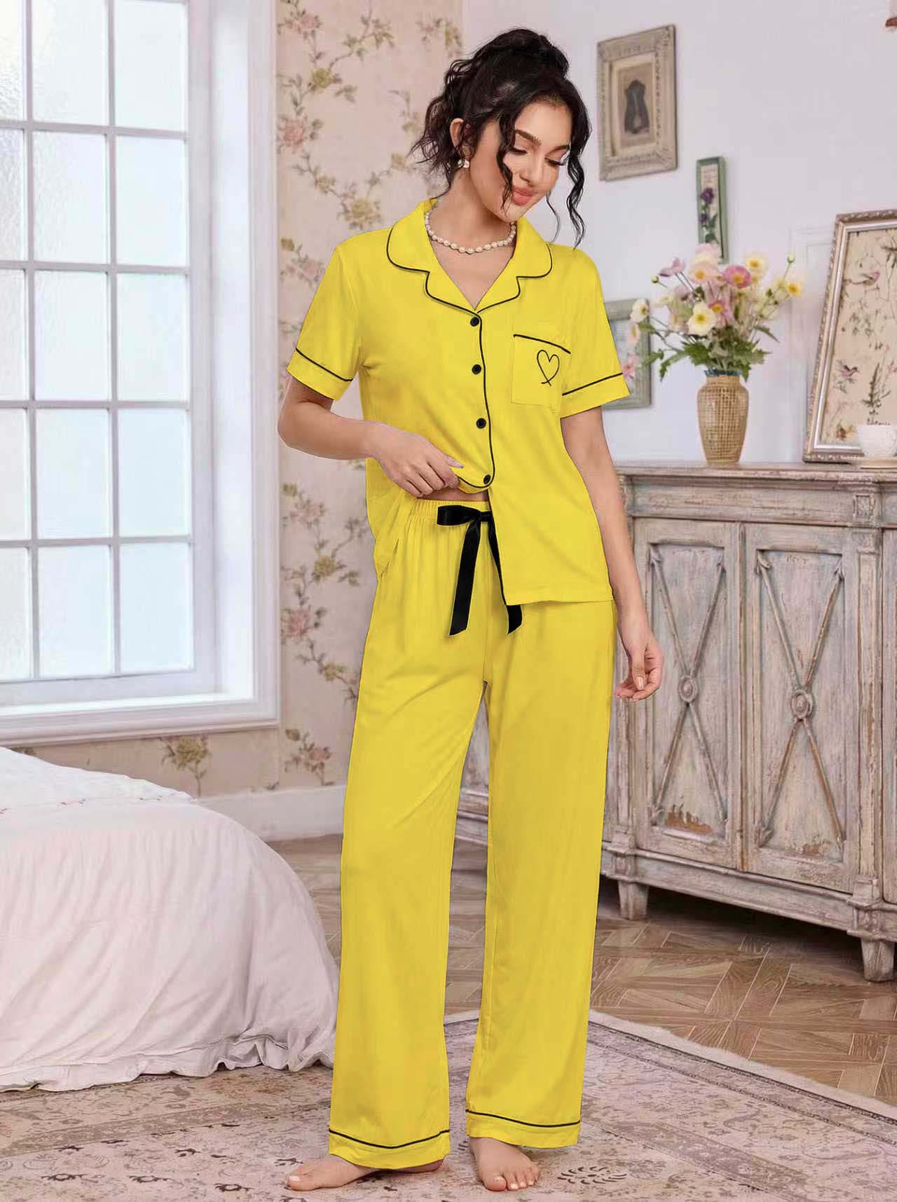 亚马逊欧美家居服套装翻领开衫短袖长裤爱心绣花睡衣女外贸独立站详情24