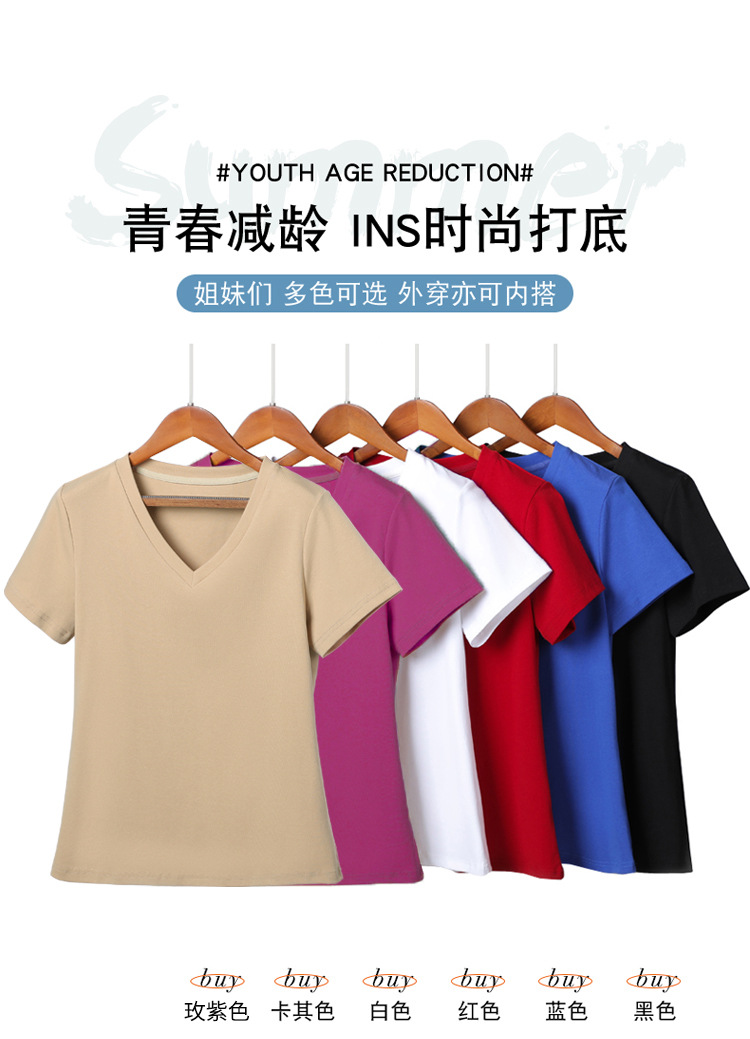一件代发夏季新款短袖T恤女宽松纯棉V领大码纯色上衣紫色跨境货源详情3