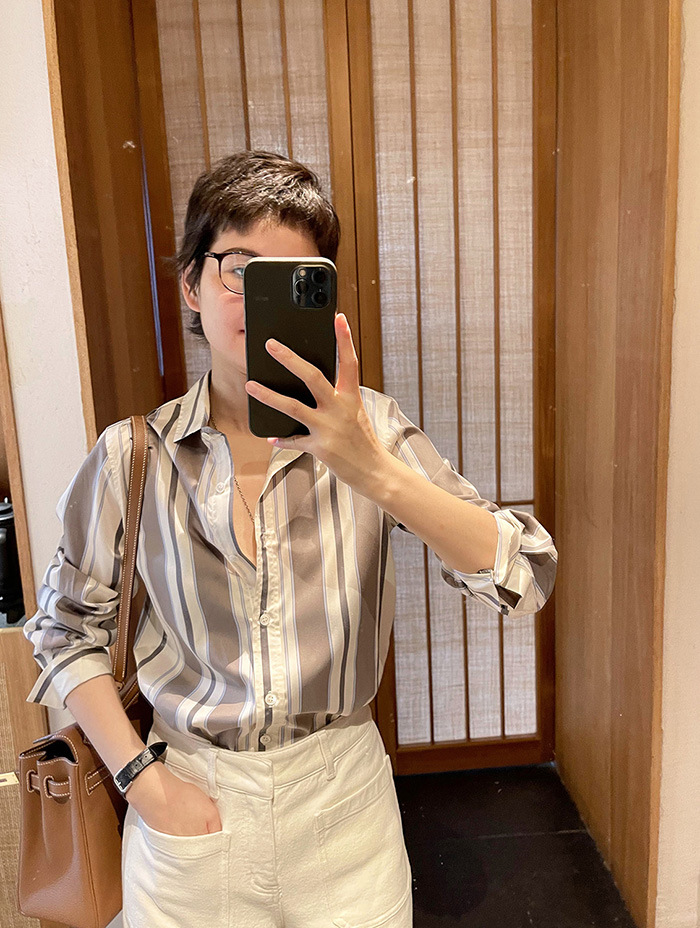 100% silk shirt for women, Spring/Summer 2024 new long-sleeved twill silk digital printed striped long-sleeved ready-to-wear pic 10