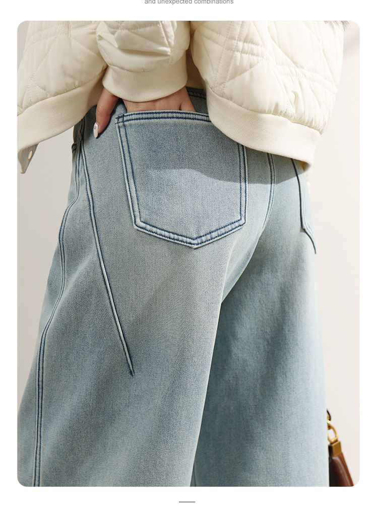 Factory direct sales of new winter fleece and thickened soft jeans for women, retro light blue patchwork loose casual sickle pants pic 13