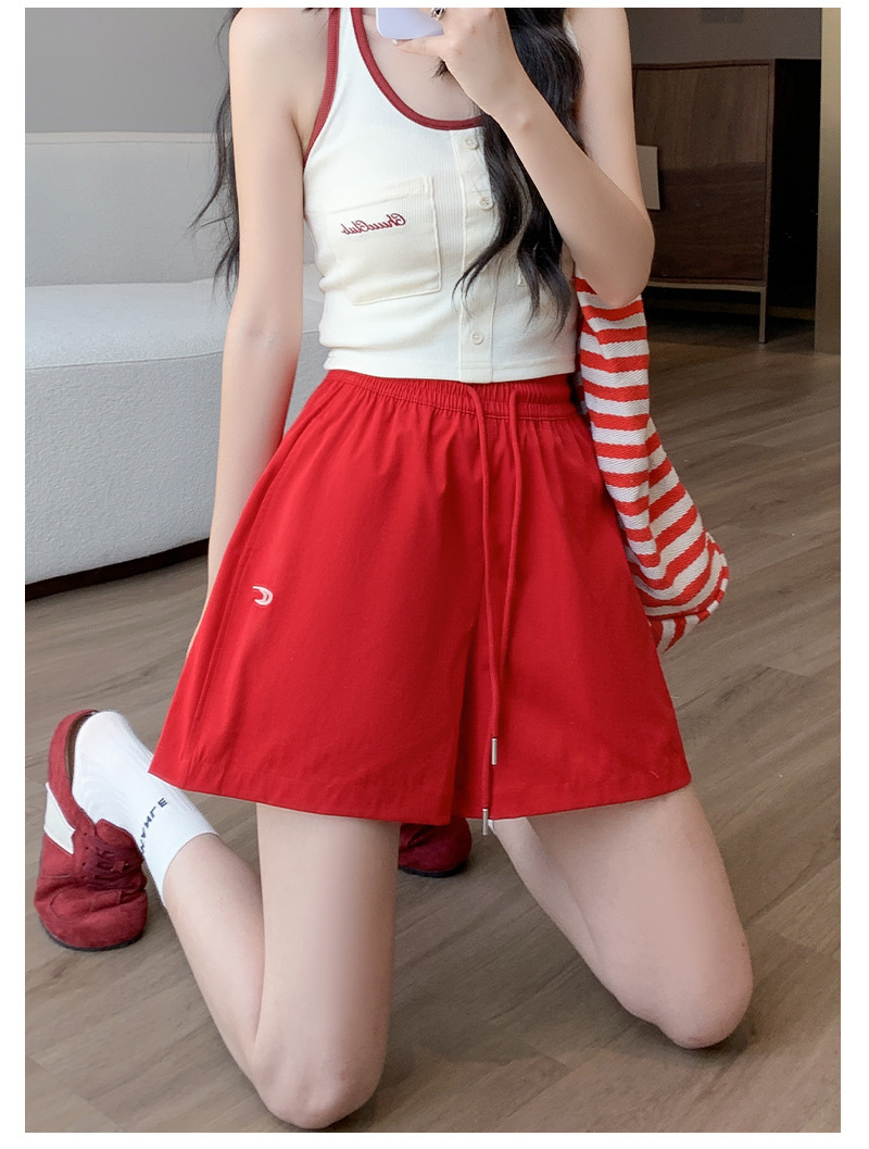 诗之韵速干不易皱刺绣短裤女高腰休闲运动阔腿百搭时尚马卡龙短裤详情32