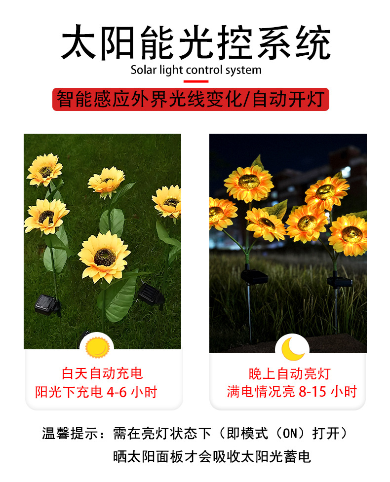 Solar-powered three-head sunflower lamp, outdoor courtyard waterproof landscape lawn lamp, garden atmosphere decorative ground insert lamp pic 3