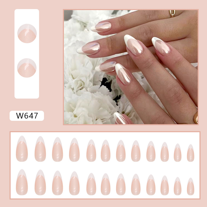 Simple and pure Aurora French nail art, sweet and gentle, round head almond nail, European and American export style wearable nail plates pic 17