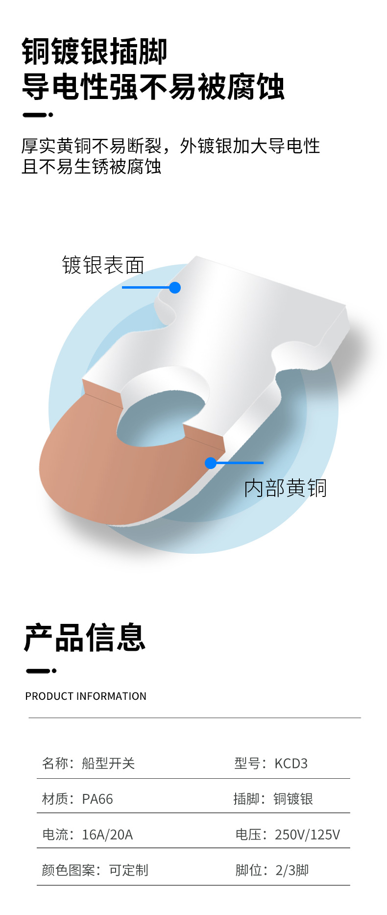 KCD3 船型开关 黑色两脚两档 铜触点 耐高温翘板开关应用家用电器详情7