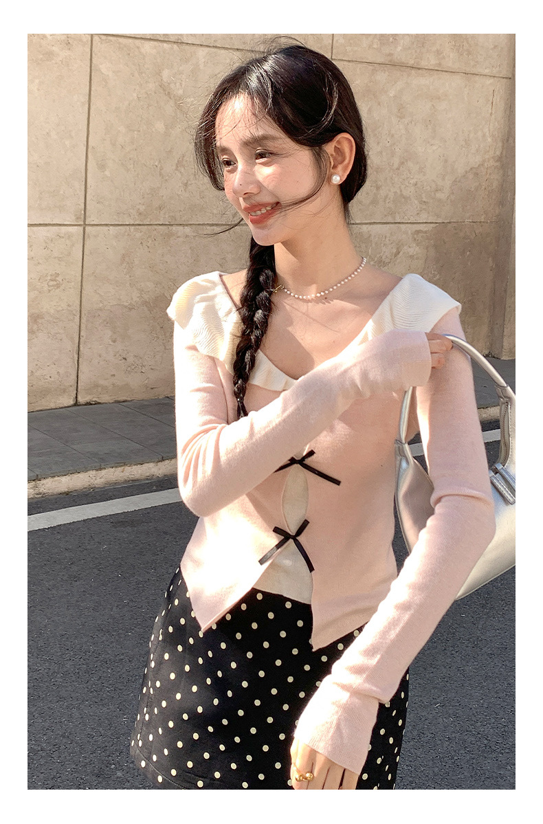衣尔衫 设计感 假两件娃娃领蝴蝶结针织衫女短款温柔修身气质0337详情30