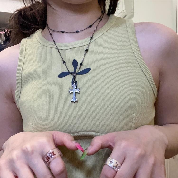 万圣节暗黑锆石十字架串珠项链女夏长款双层叠戴脖颈链吊坠锁骨链详情6