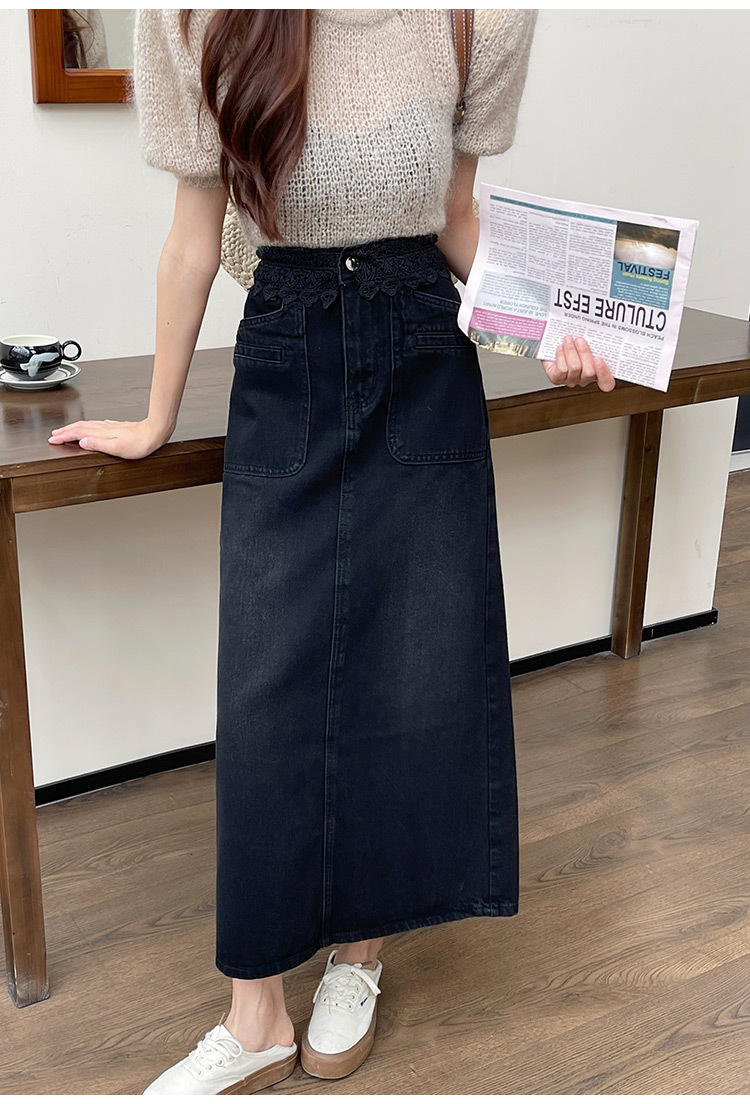 Original long denim skirt for Spring/Summer 2024, new design sense, lace patchwork high-waisted A-line skirt pic 12