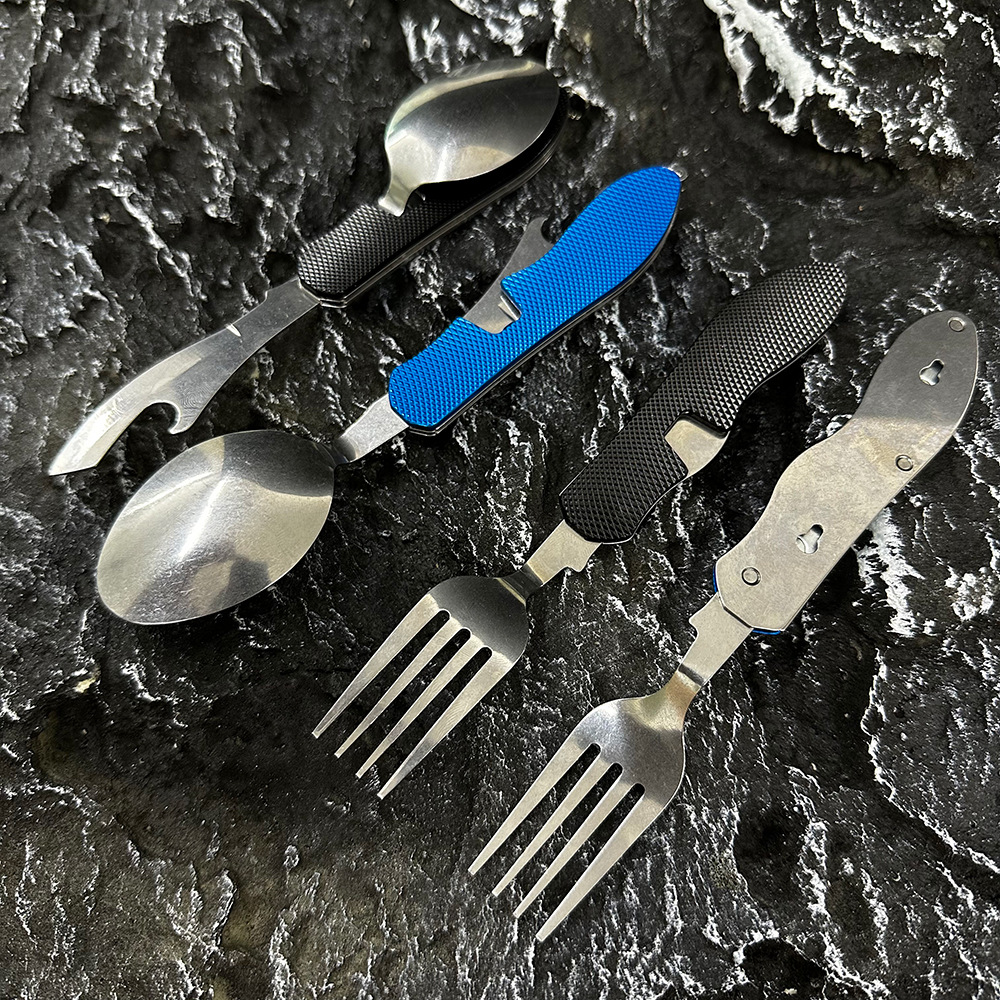 Mini folding knife, fork and spoon set, detachable combination, outdoor mountaineering and travel tableware, multi-opening aluminum handle Swiss knives pic 3