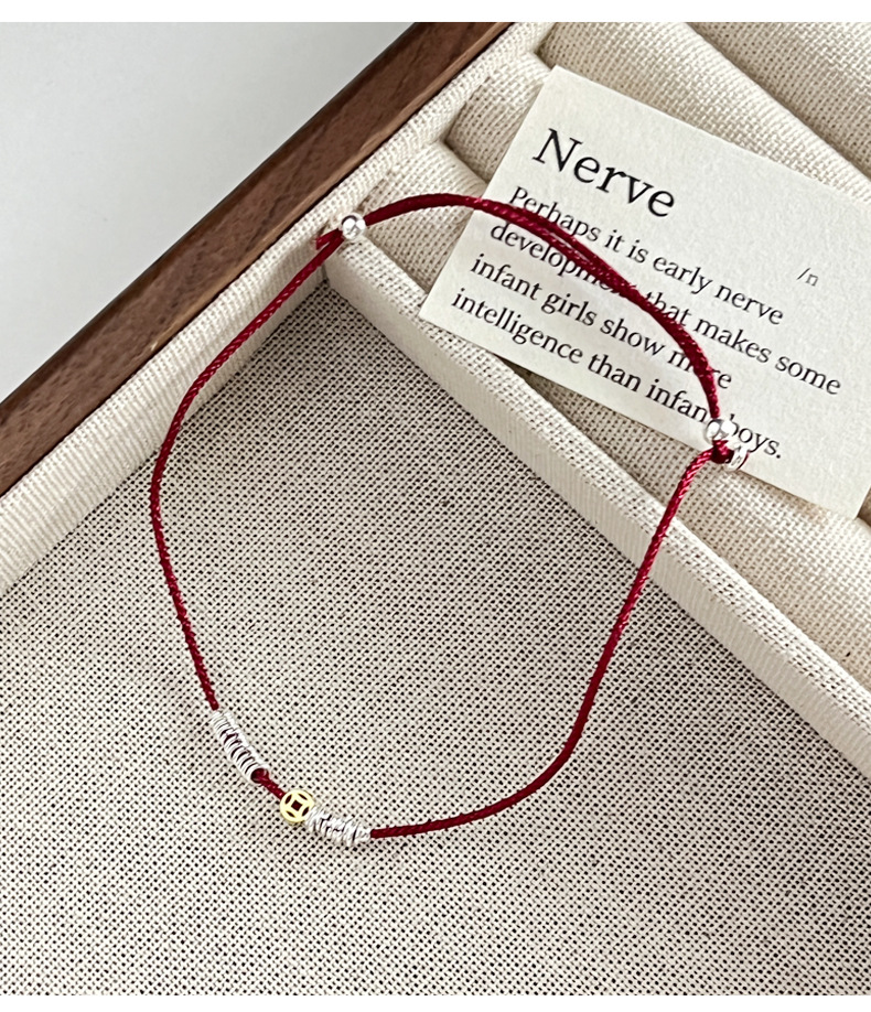 925纯银金银拼色钱币银圈红绳脚链女简约新中式设计脚裸链F4074详情11