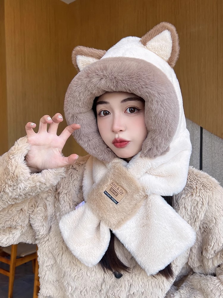 帽子围巾一体女冬季毛绒帽保暖加厚防冻防风连帽围脖二件套三件套详情1