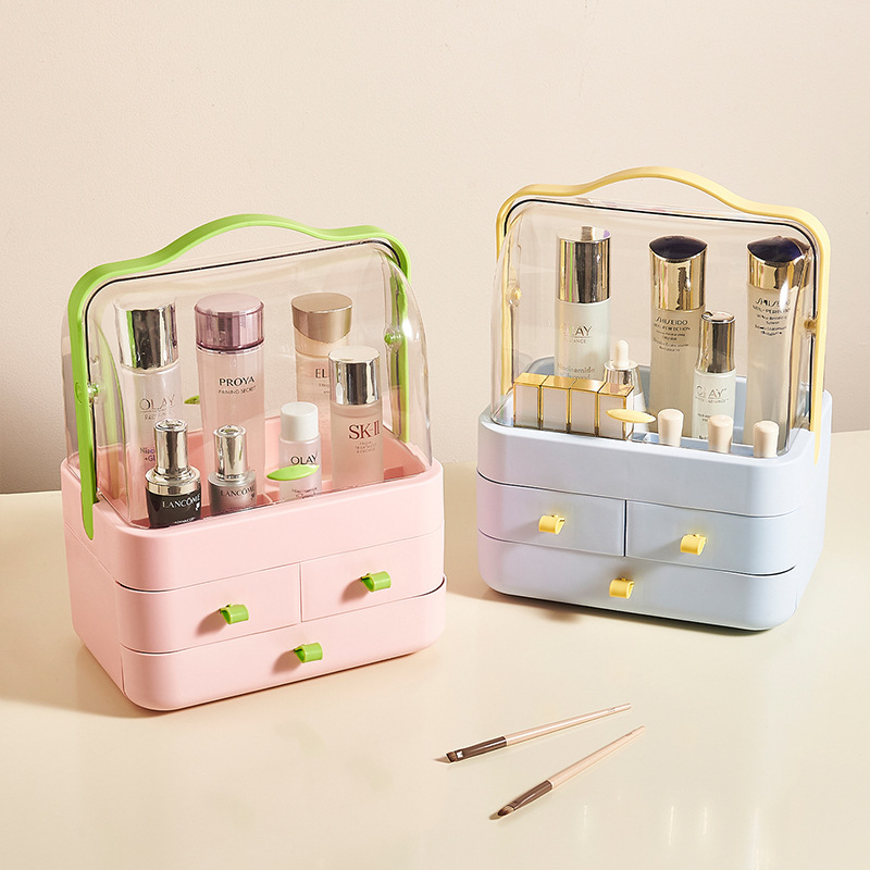 新款手提化妆品收纳盒宿舍桌面防尘整理箱护肤品置物架带盖化妆盒详情3