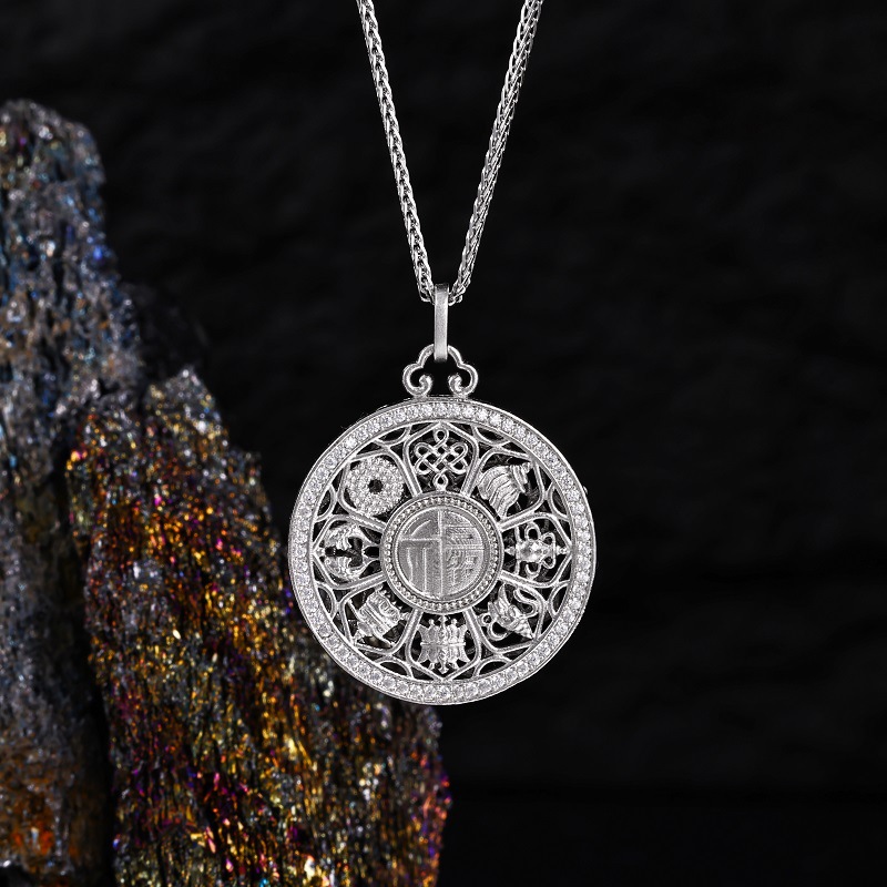 s925 Pure silver Eight-treasure Compass necklace, ancient collarbone chain, New Chinese style auspicious Moissanite accessory pic 14