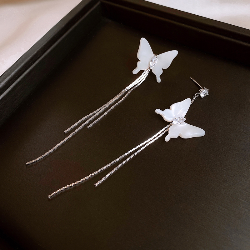 银针不对称蝴蝶树脂流苏耳钉气质高级感耳环甜美小清新耳饰批发女详情9