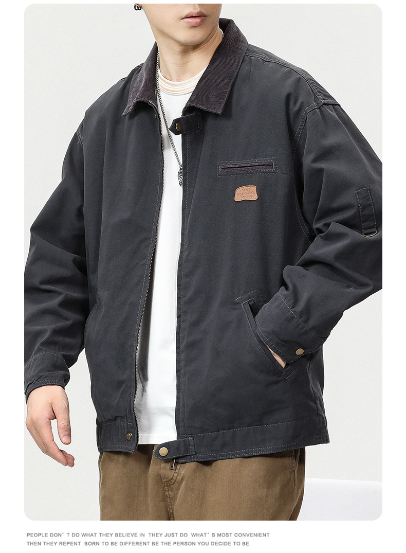 沐丘男装∣潮牌山系户外翻领宽松工装夹克男高级感珠帆布美式外套详情13