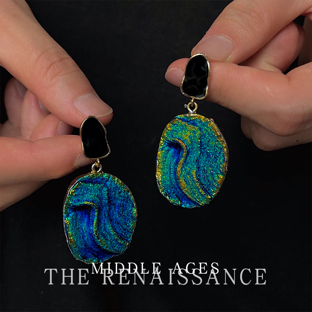 Vintage Light Middle Age [Xisha Islands] Retro blue and gold earrings, high-end vintage exaggerated earrings pic 7