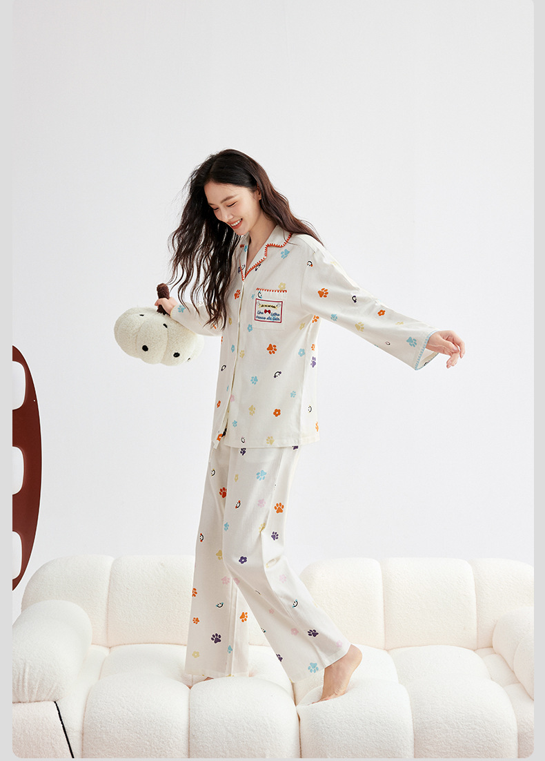 A类天丝棉莱赛尔睡衣女秋猫爪印长袖长裤睡衣春秋女士家居服套装详情26