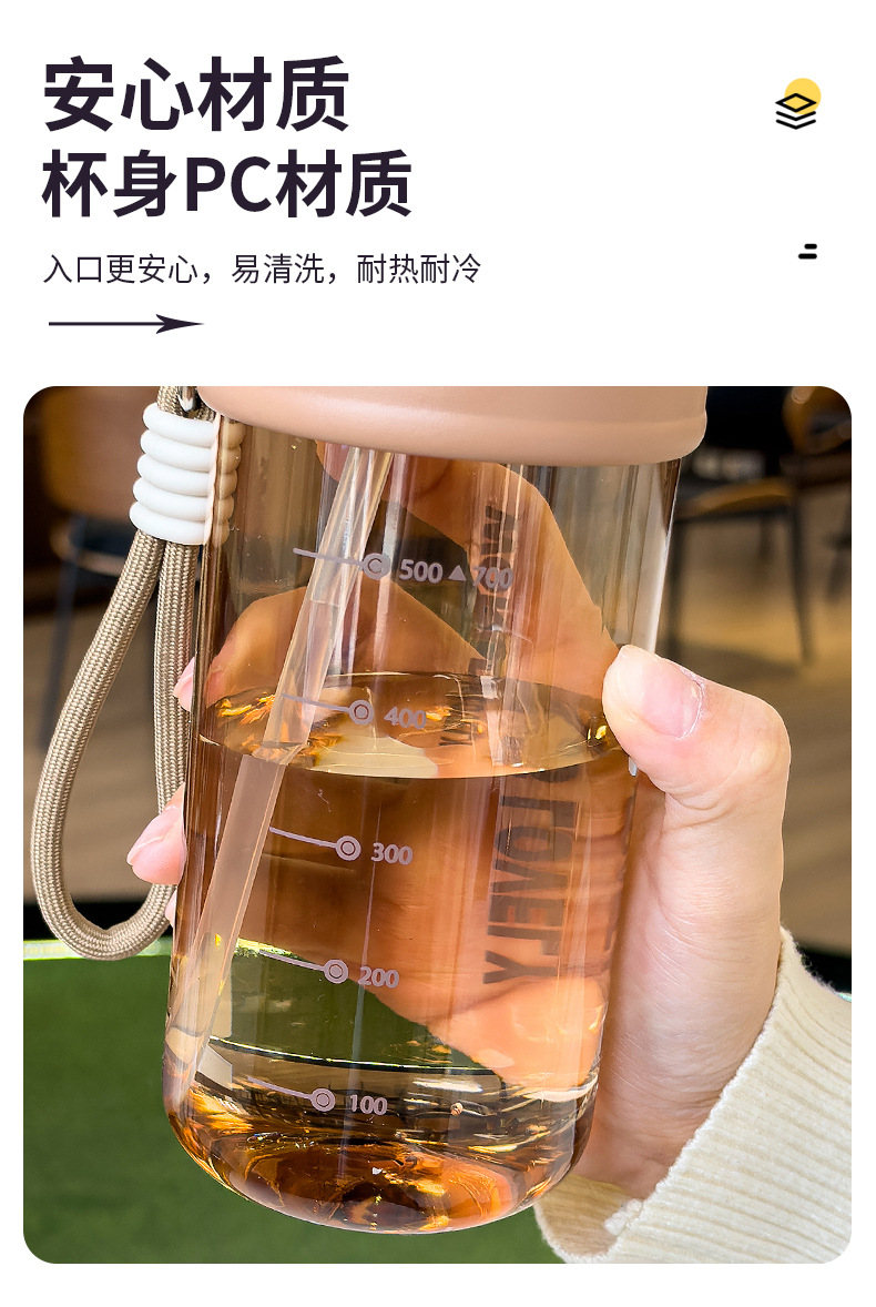夏季童趣时光塑料杯提绳便携户外运动儿童水杯带刻度学生吸管杯子 pic 5