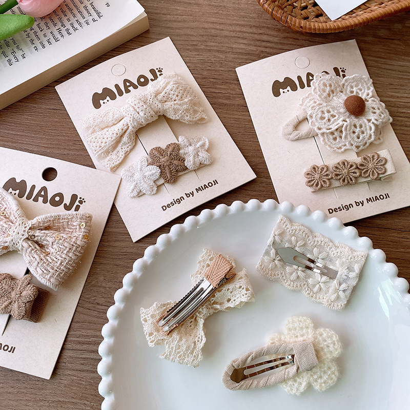French retro style, off-white fabric, lace, lace, bow, woolen woven, flower fringe, seaside hairpin for women pic 8