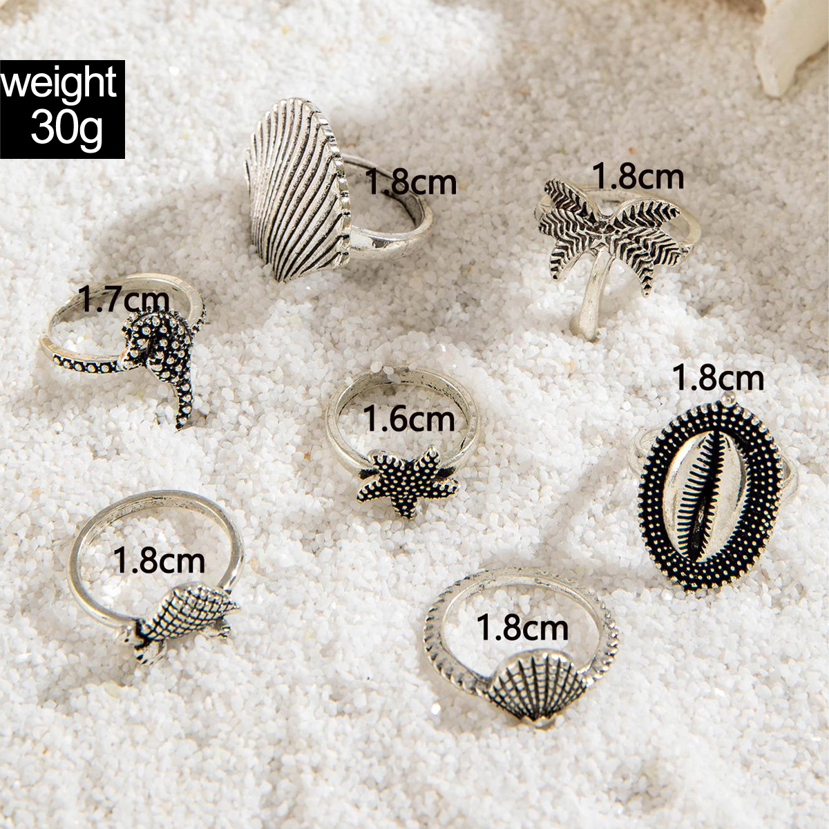 欧美跨境波西米亚海星扇贝戒指 沙滩风椰树蝴蝶雕花复古戒指套装详情1
