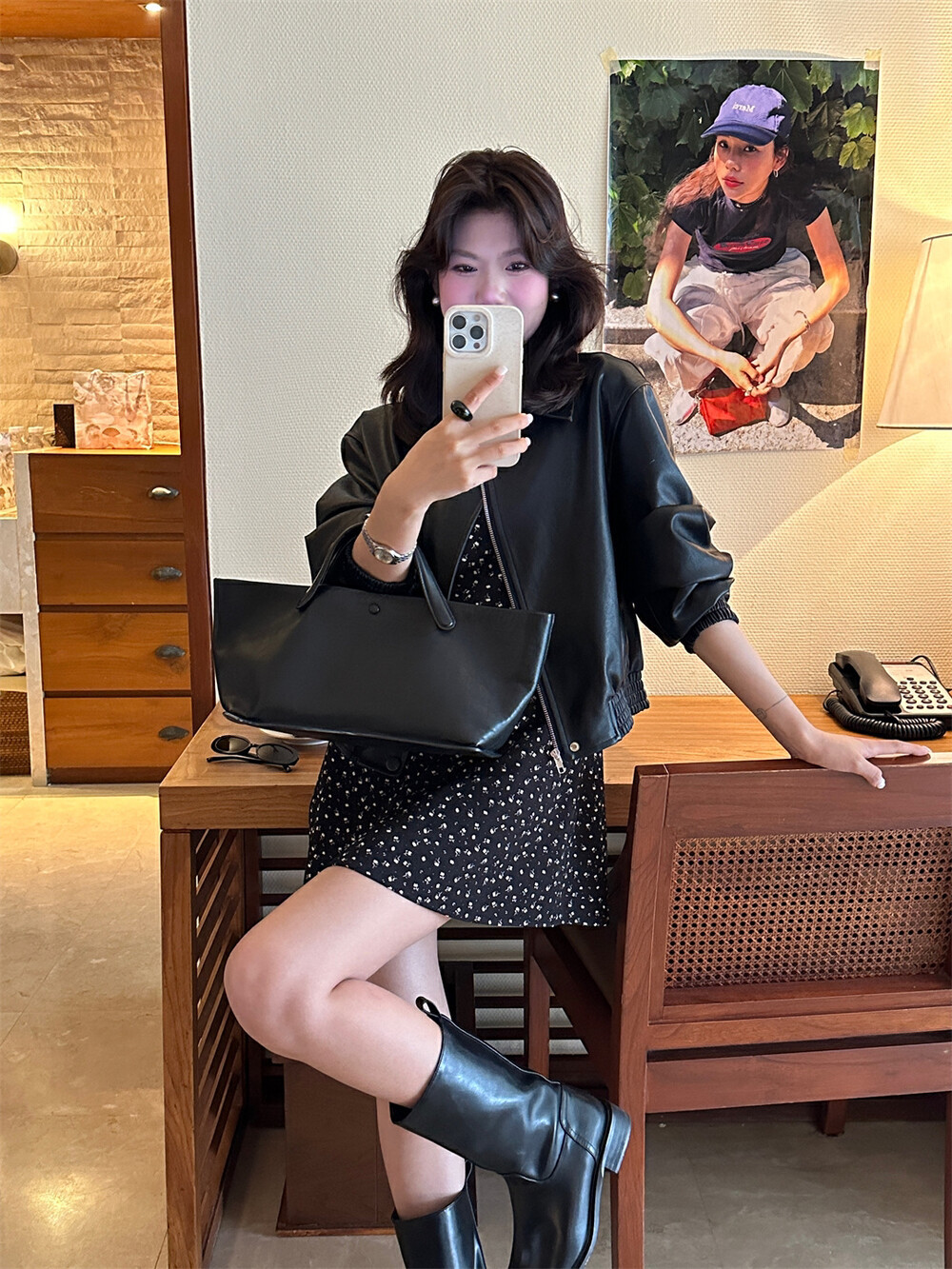 THE LIMON柠檬绿茶韩版复古翻领拉链黑色PU皮衣女高级感短外套春详情3