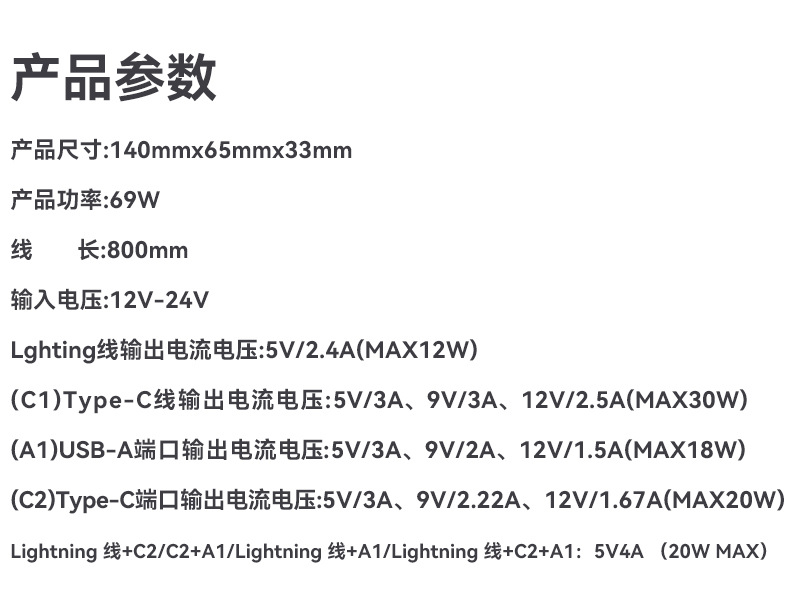车载充电器69W四合一伸缩线款Type-c+Lihtnin烟器四口快充头详情11