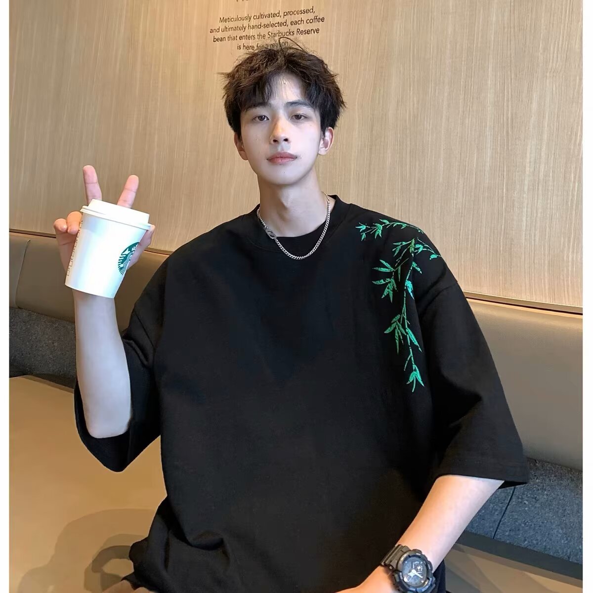 2024 bambú bordado manga corta camiseta verano nueva versión coreana holgada tendencia versátil casual hombre top moda nacional pic 11