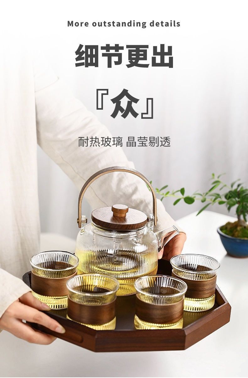 Wholesale high-temperature resistant flower and plant teapot sets, fruit boiling teapots, household steaming and boiling integrated wooden handle, glass vertical grain brewing pic 11