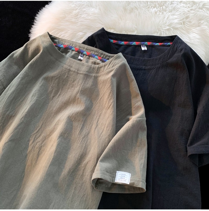 Linen short-sleeved T-shirt for men, a new summer trend. Cotton and linen half-sleeved loose solid color base layer, a trendy T-shirt top pic 23