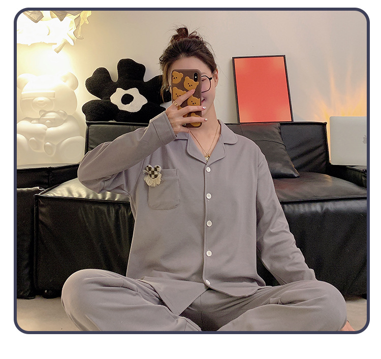 Couple pajamas for women in Spring/Autumn 2024: Long-sleeved shirts, long pants, solid-color cardigans for men. New home wear sets that can be worn outside pic 7