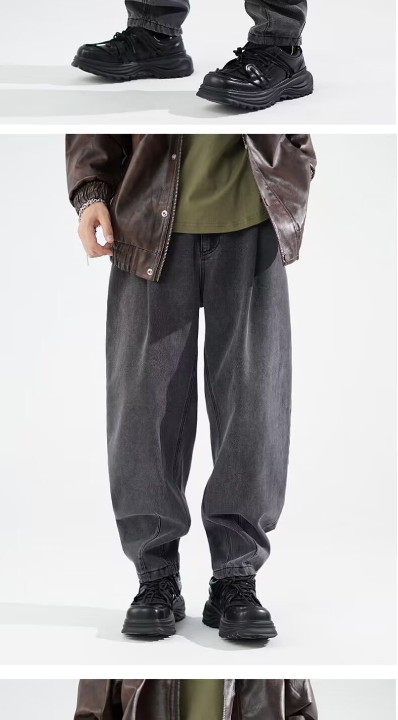 FUIV American-style jeans for men, washed and aged, high street straight, loose, trendy brand wide-leg long pants for men pic 6