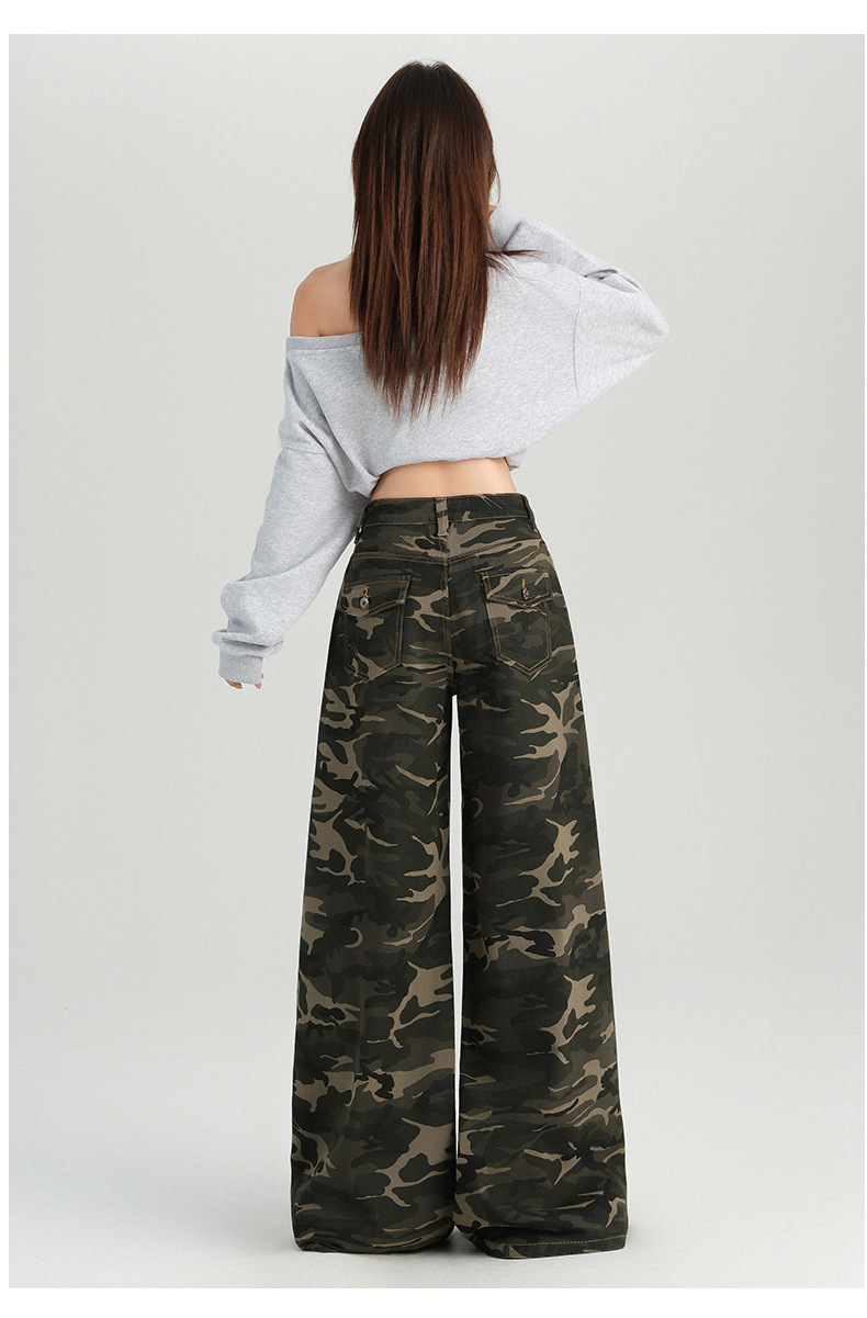 橙绢女装#美式辣妹迷彩高腰阔腿休闲裤女秋季新款高街显瘦拖地裤详情19