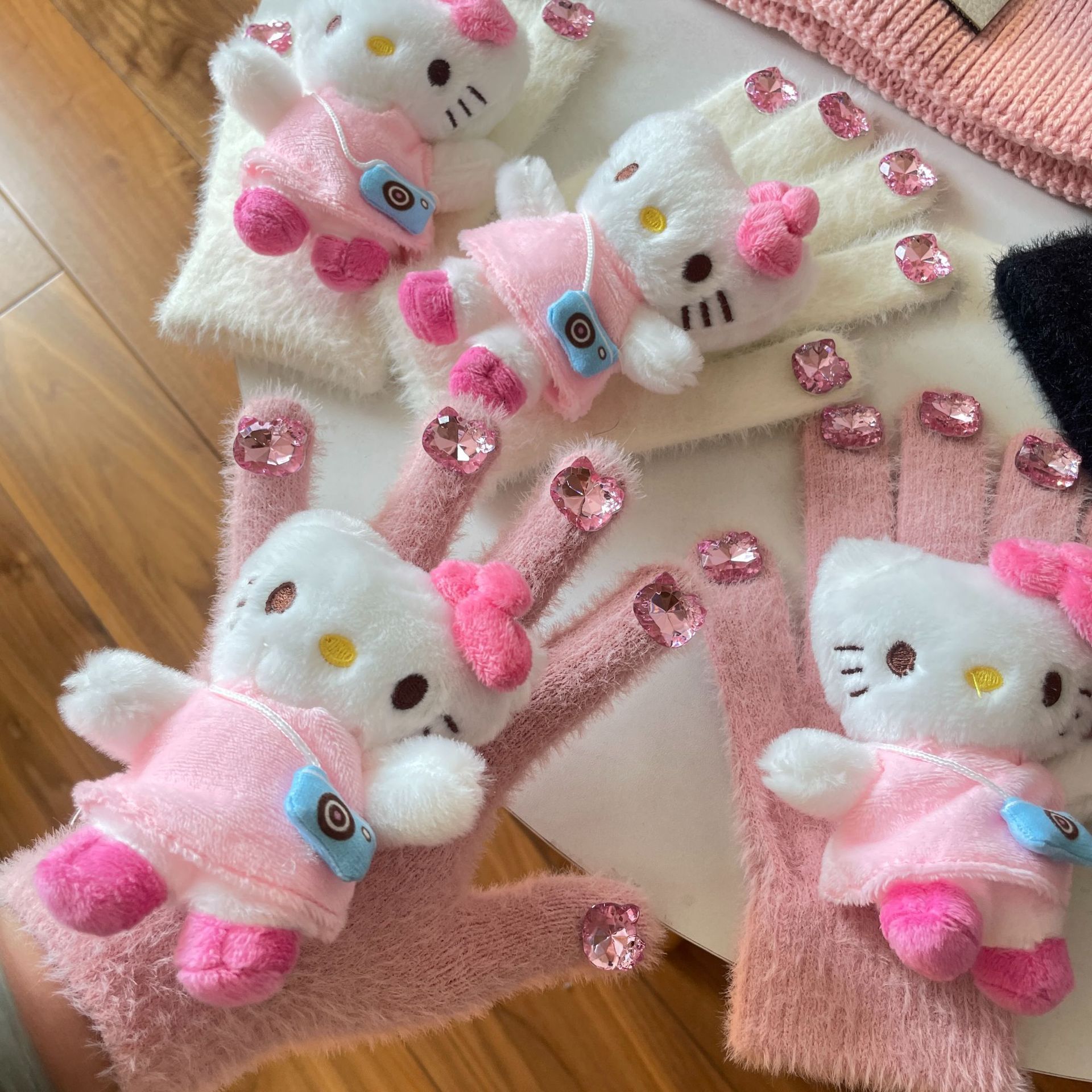 HelloKitty water diamond cute plush gloves for autumn and winter, Kitty Cat doll, warm knitted five-fingered gloves for girls pic 28