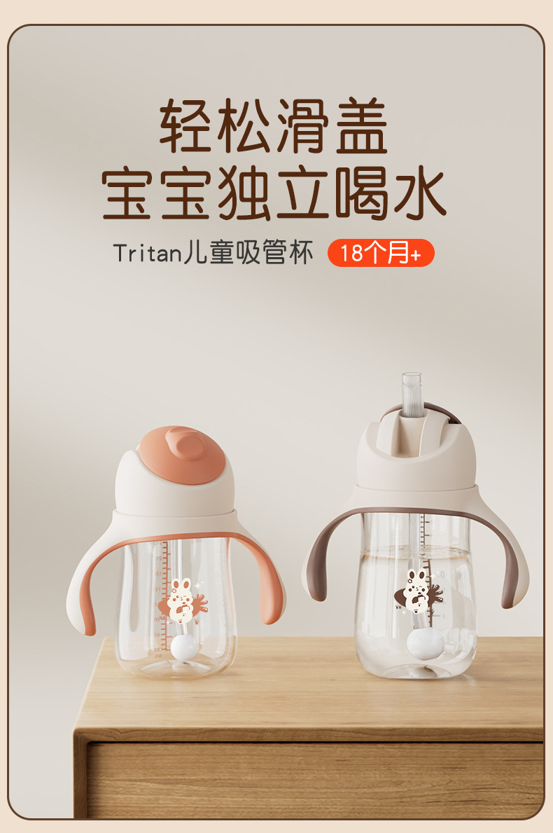 跨境宝宝学饮杯tritan吸管杯带柄刻度防漏防摔防喷宝宝学饮杯工厂详情1